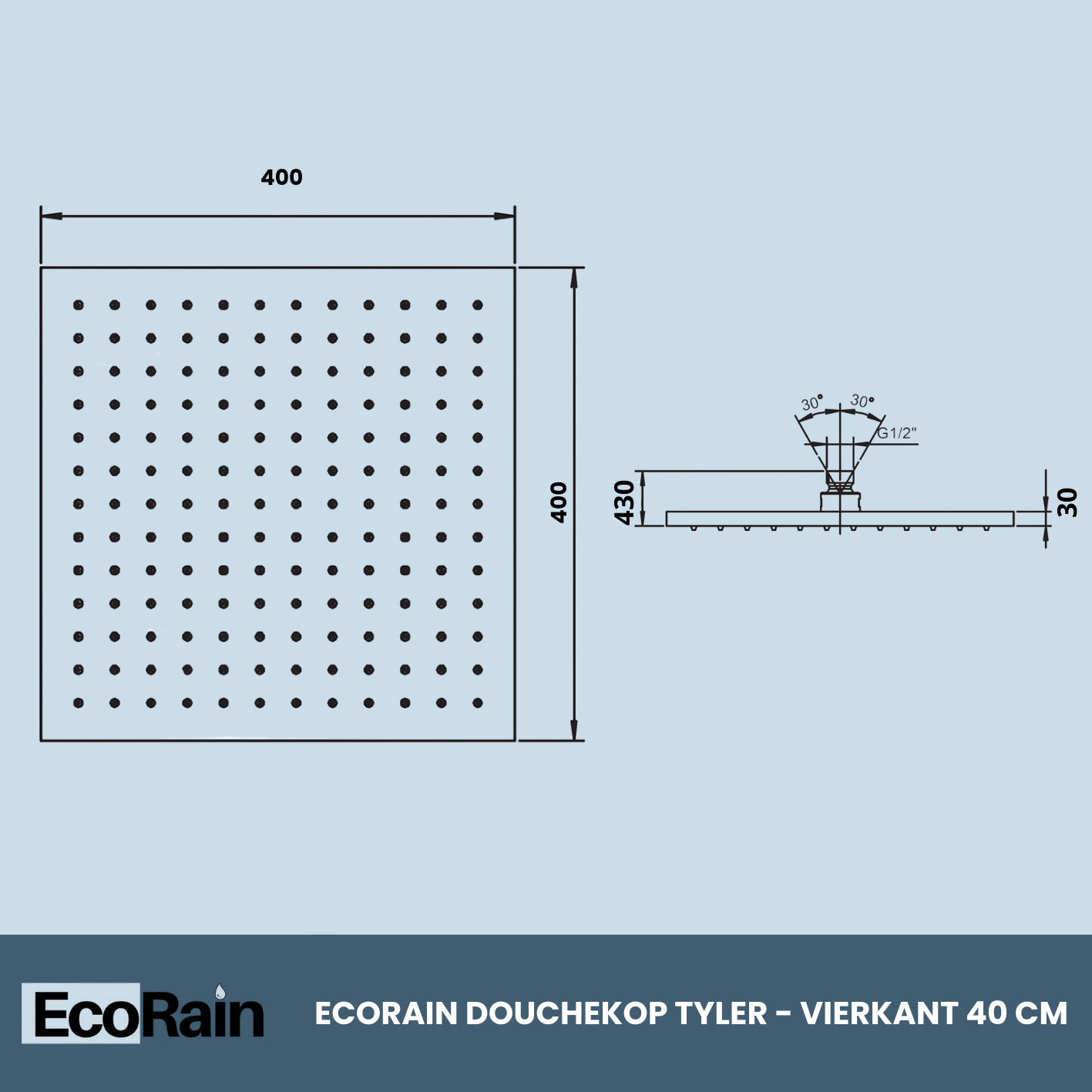 Vierkante RVS Regendouchekop Tyler 40 cm - Zwart