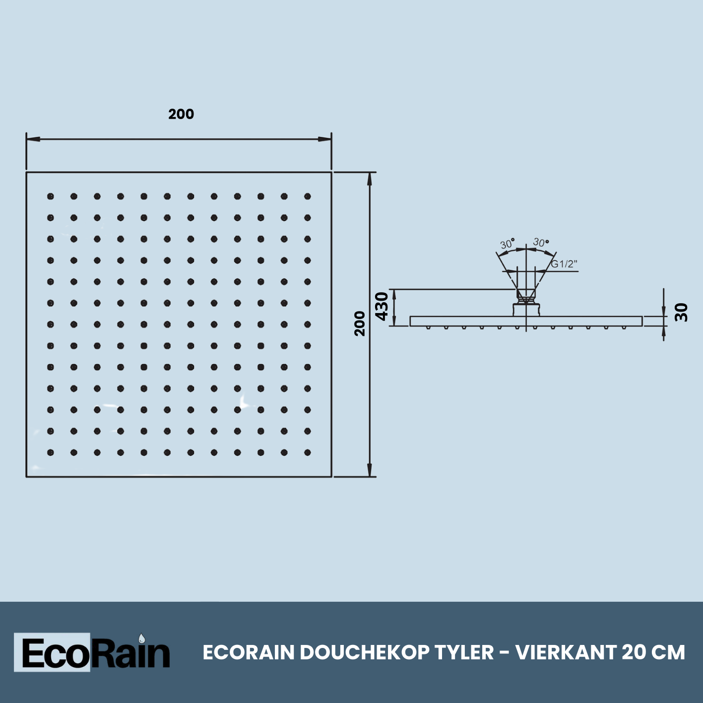Vierkante RVS Regendouche met slang Tyler 20 cm - Chroom