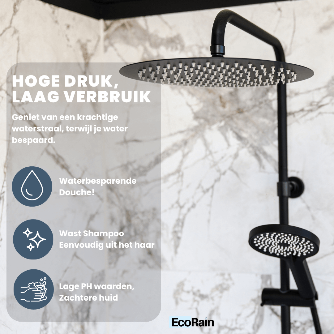EcoRain Stainless Steel Rain Shower Head 30 cm Round Tyler - Black