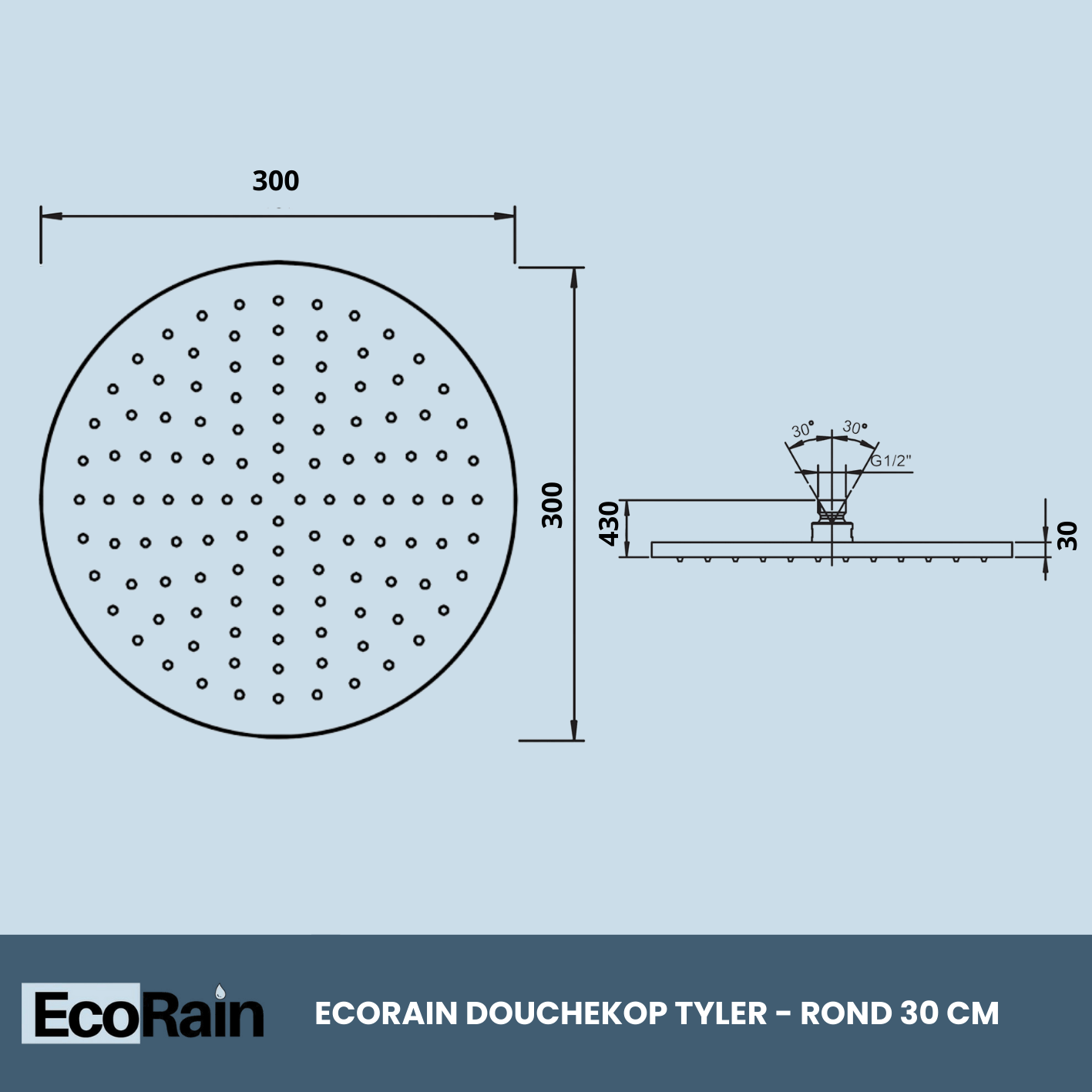 EcoRain Stainless Steel Rain Shower Head 30 cm Round Tyler - Black