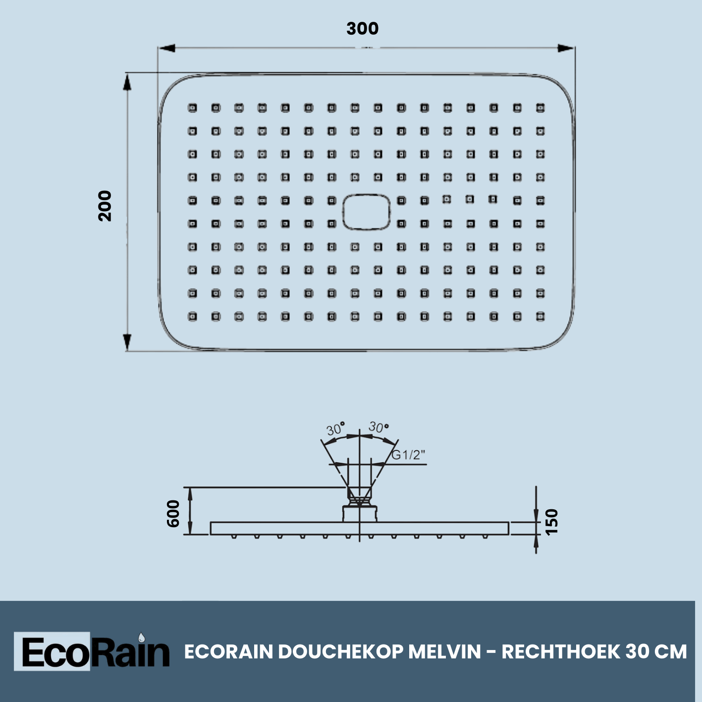 EcoRain Rain shower head XL 30 Rectangular Melvin - Black