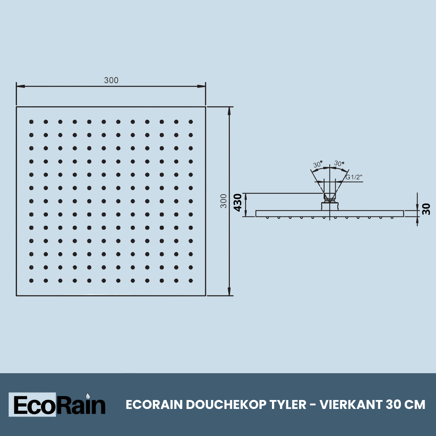 Vierkante RVS Regendouchekop Tyler 30 cm - Chroom