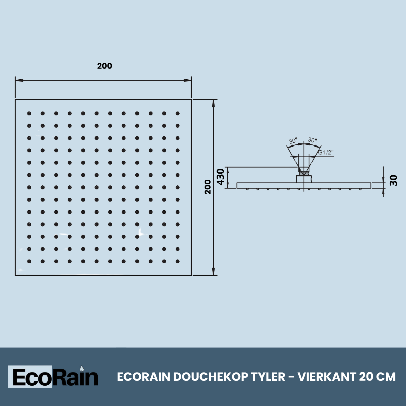 EcoRain Stainless Steel Rain Shower Head 20 cm Square Tyler - Silver