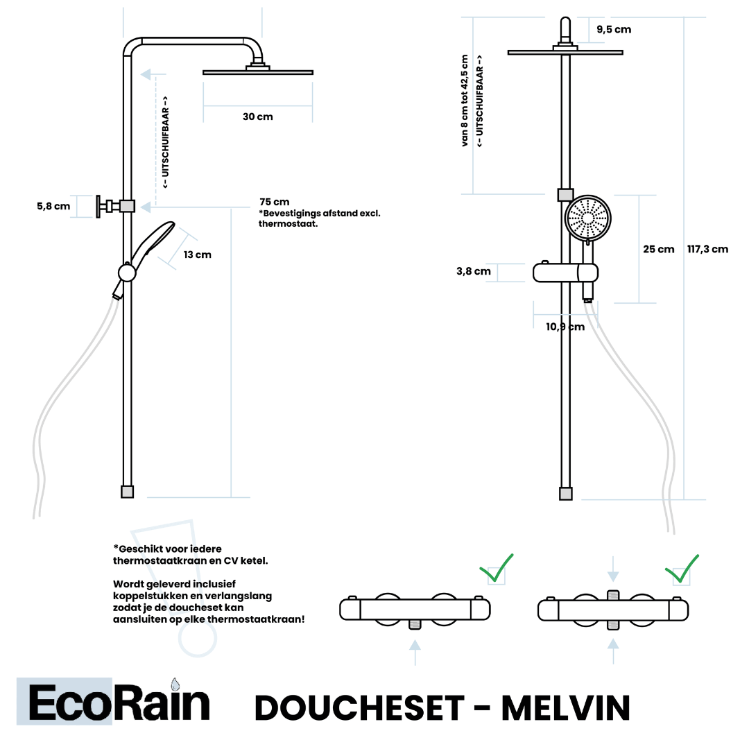 Regendoucheset Melvin 30 CM Zonder Kraan - Zwart