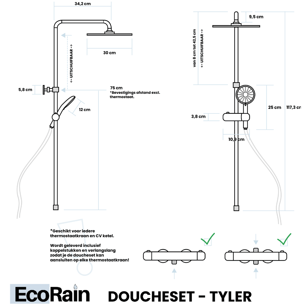 Waterbesparende Regendoucheset 30 cm Tyler Vierkant zonder Kraan - Chroom