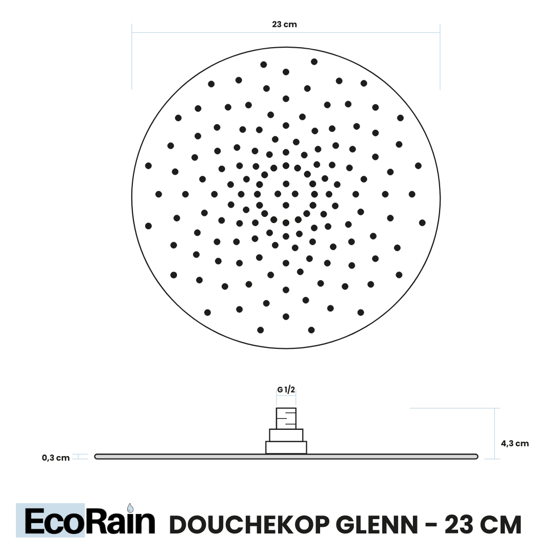 EcoRain Stainless Steel Rain Shower Head 20 cm Round Tyler - Black