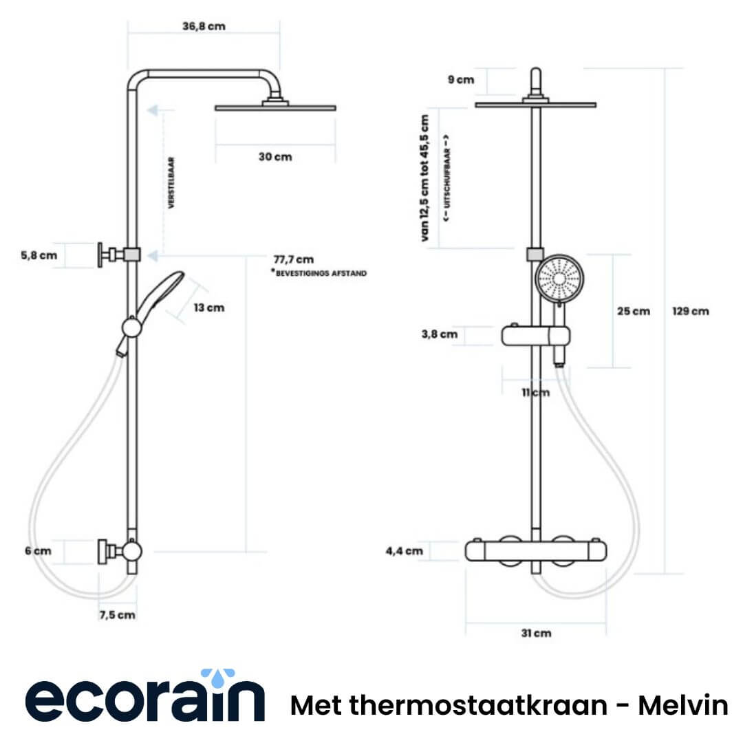Regendoucheset Melvin 30 CM met Thermostaatkraan - Chroom