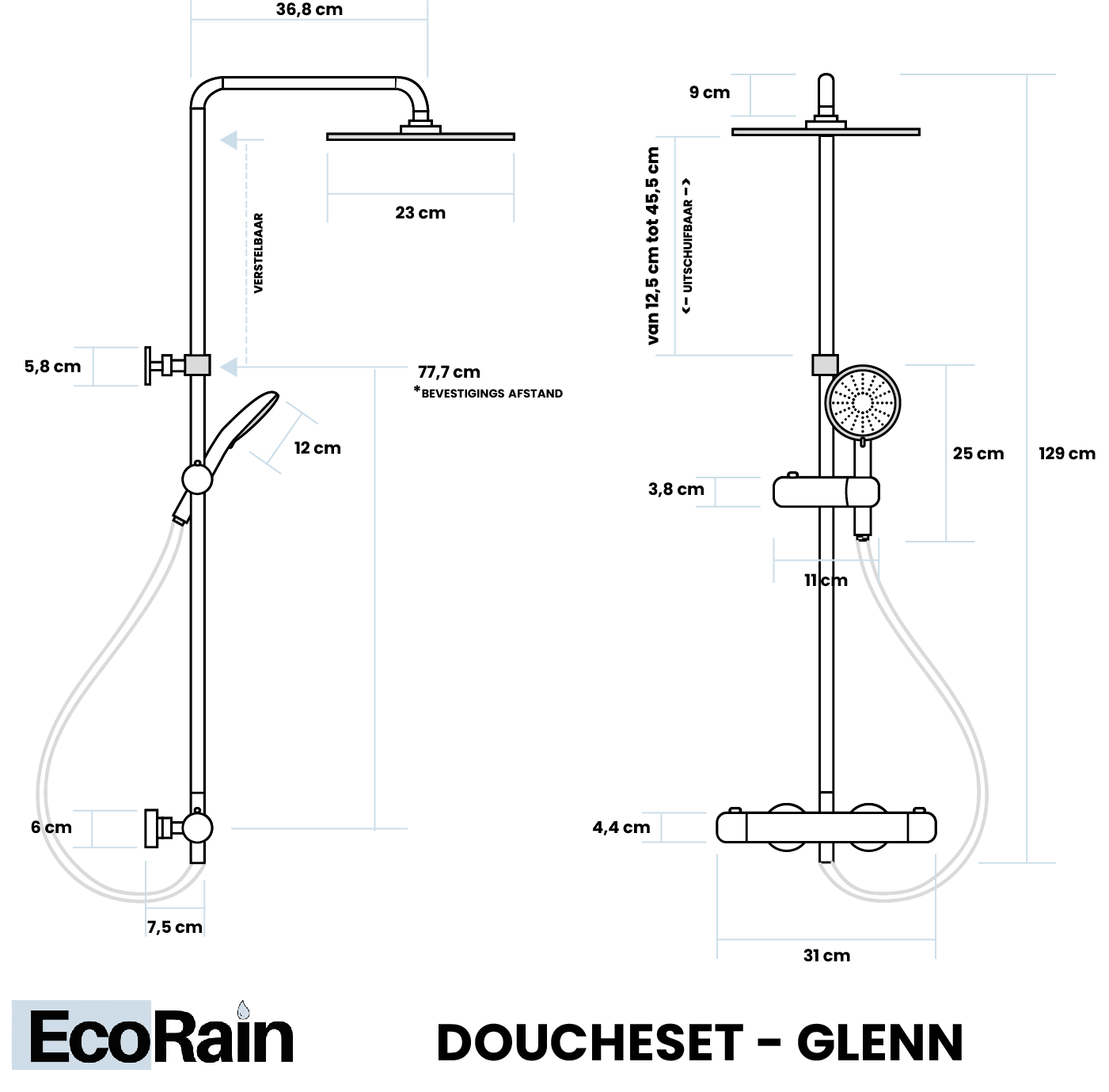 Regendoucheset Glenn 23 CM met Thermostaatkraan - Zwart