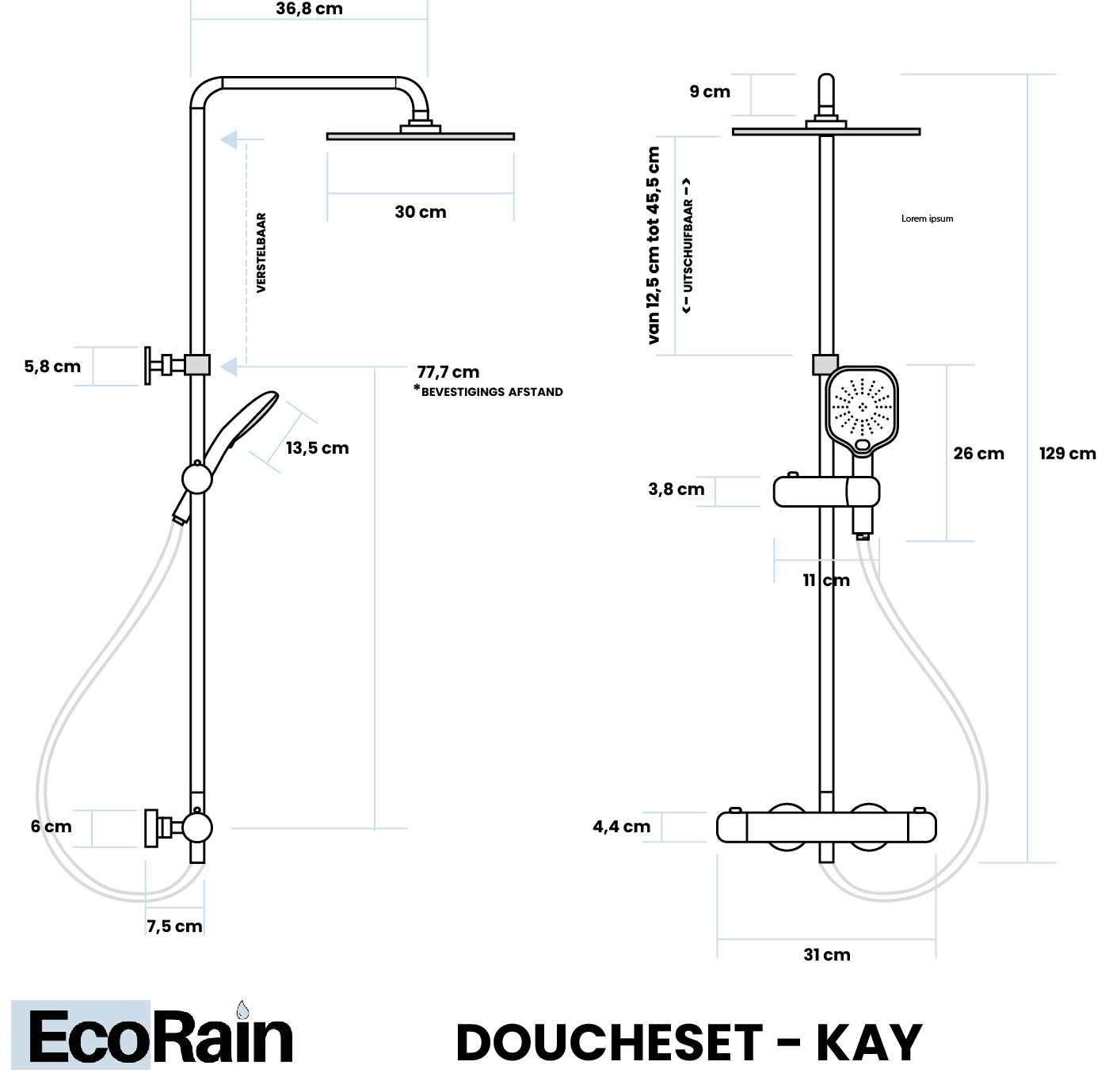 Regendoucheset Kay 25 CM met Thermostaatkraan - Zwart